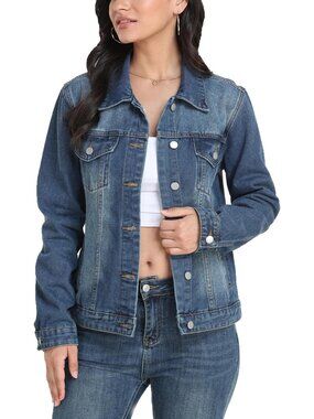 Women's Blue Classic Jean Basic Long Sleeve Button Down Denim Jacket Daily Wear